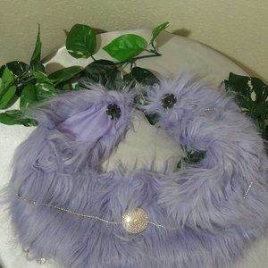 Lavender Faux Fur Button Scarf with Rhinestone Chain and Button Embellishments